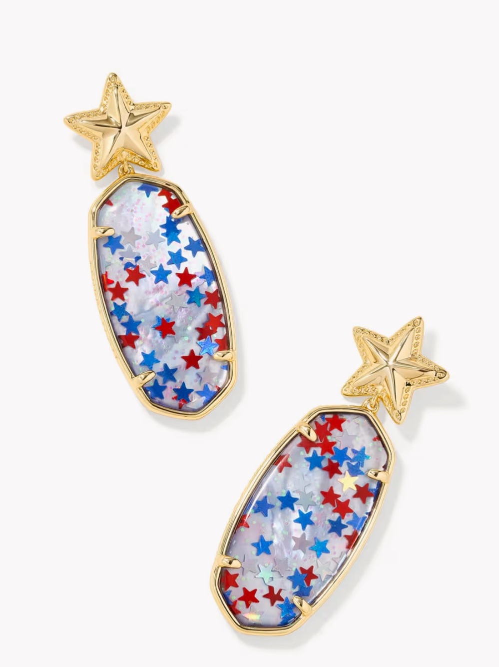 NWT! Kendra Scott Elle Gold Star Drop Earrings with Red, White & Blue Stars
